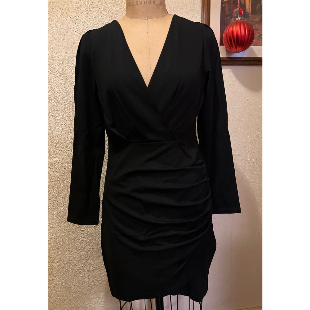 Sarin Mathews Deep V Neck Ruched Bodycon Long Sleeve Mini Dress Black NWT Size M - Picture 3 of 8